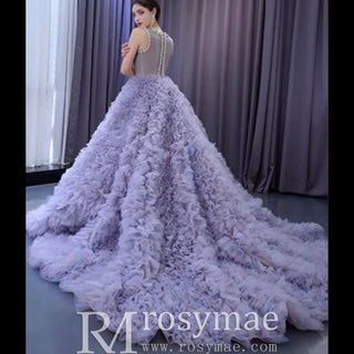 Ruffled Ball Gown High Sheer Neck Wedding Dress with Rhinestone Bodice - Rosymae