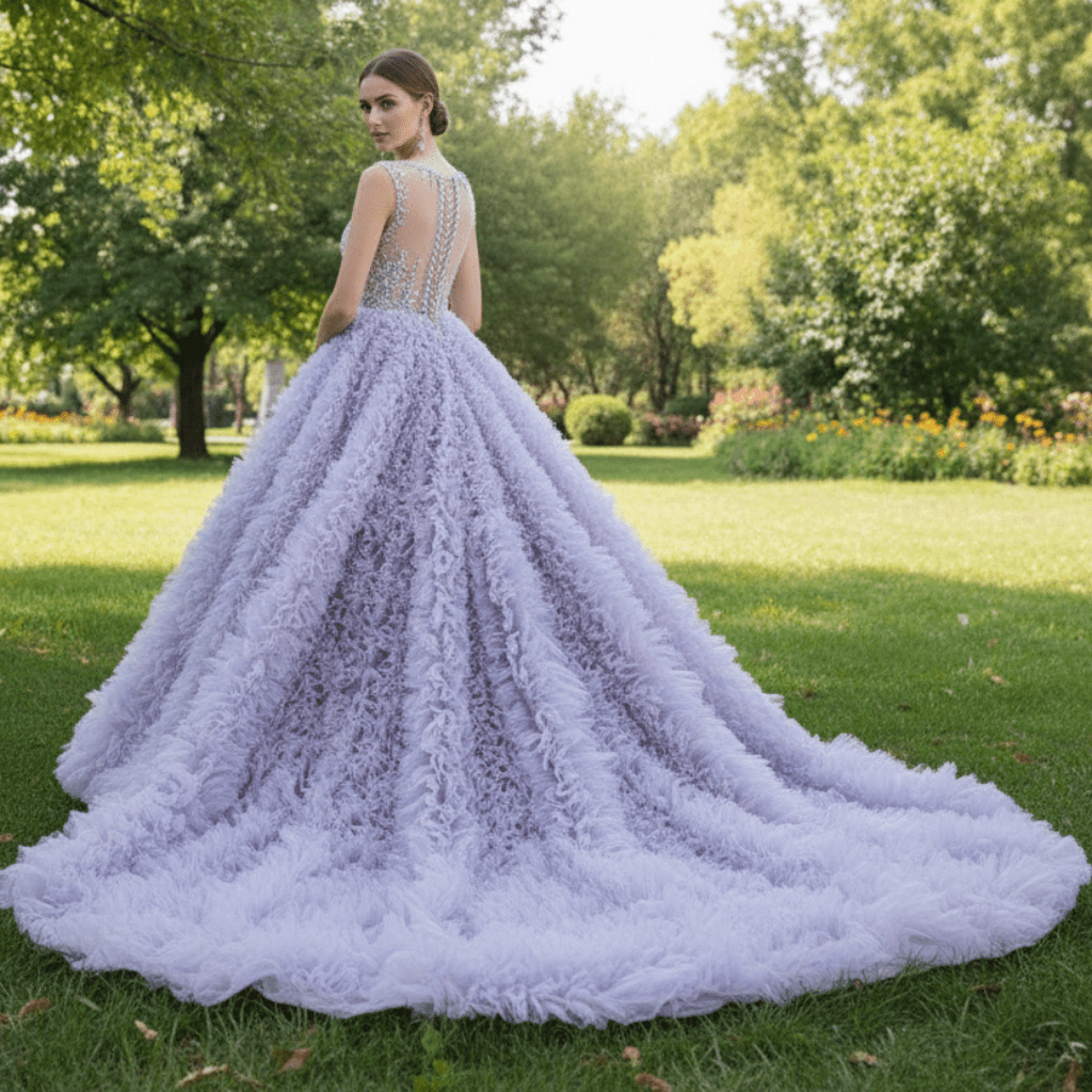 Ruffled Ball Gown High Sheer Neck Wedding Dress with Rhinestone Bodice - Rosymae