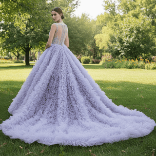 Ruffled Ball Gown High Sheer Neck Wedding Dress with Rhinestone Bodice - Rosymae