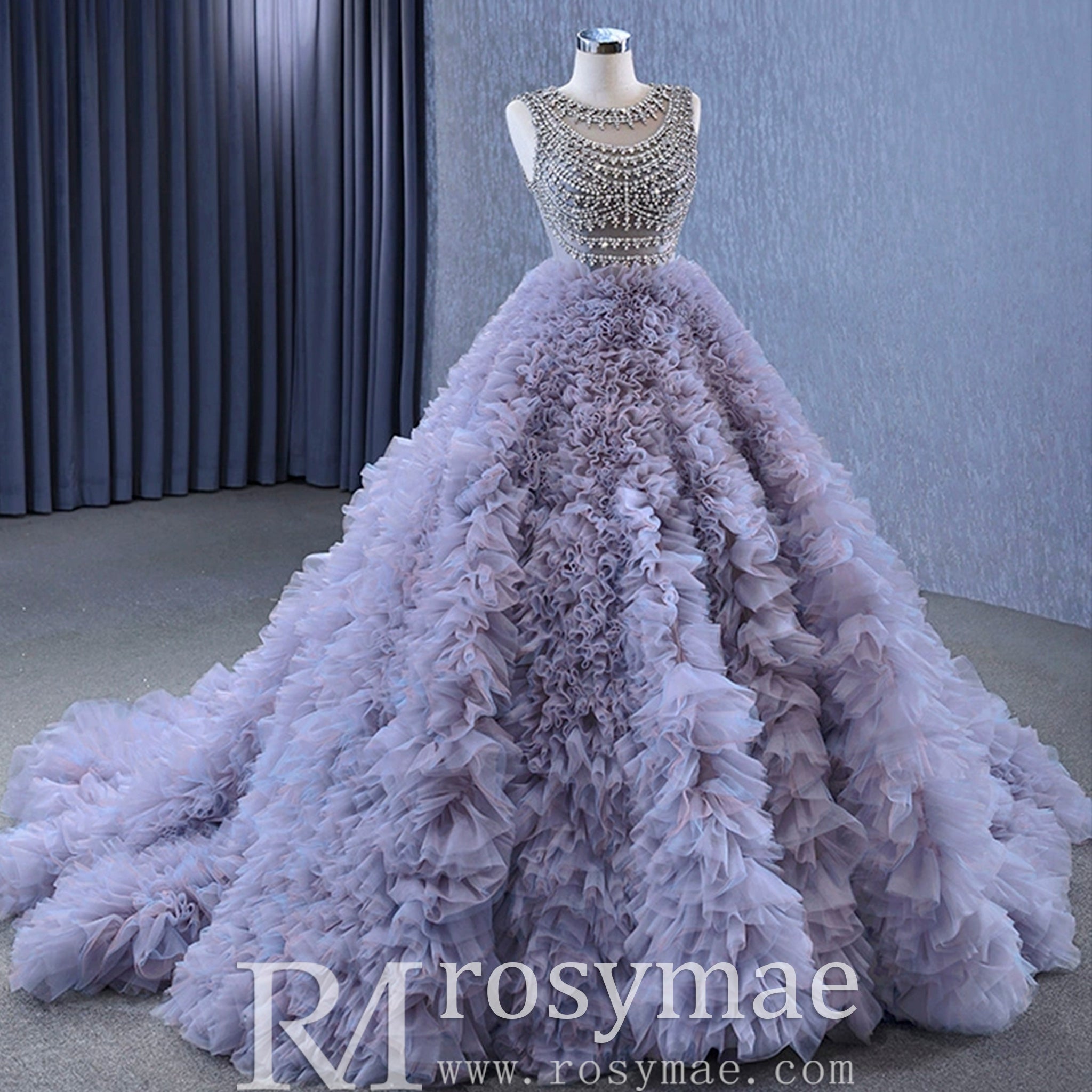 Ruffled Ball Gown High Sheer Neck Wedding Dress with Rhinestone Bodice - Rosymae