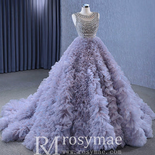 Ruffled Ball Gown High Sheer Neck Wedding Dress with Rhinestone Bodice - Rosymae