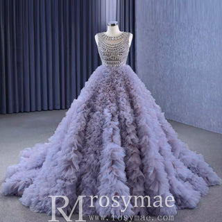 Ruffled Ball Gown High Sheer Neck Wedding Dress with Rhinestone Bodice - Rosymae