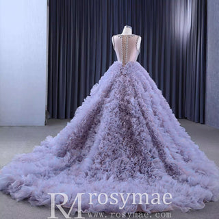 Ruffled Ball Gown High Sheer Neck Wedding Dress with Rhinestone Bodice - Rosymae