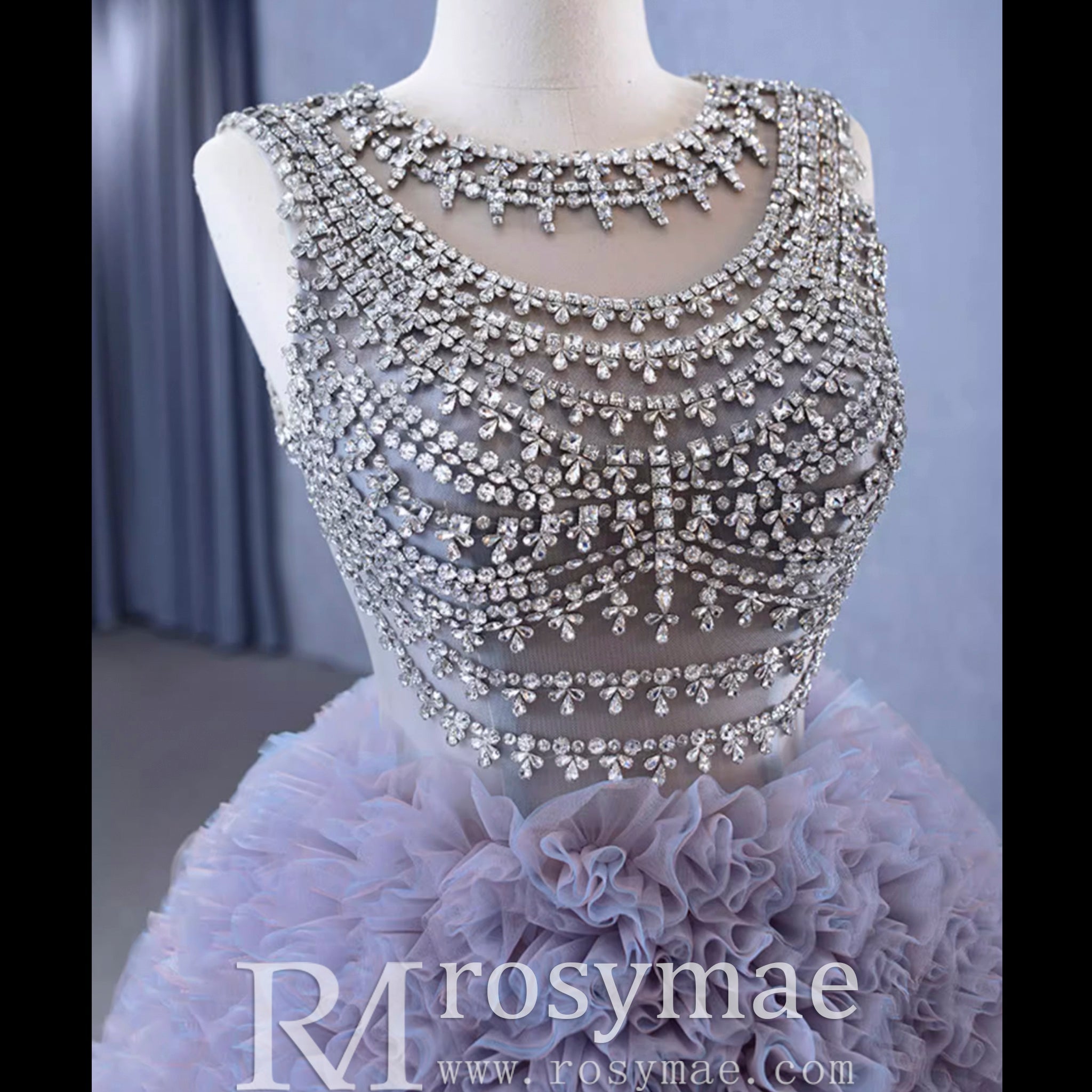 Ruffled Ball Gown High Sheer Neck Wedding Dress with Rhinestone Bodice - Rosymae