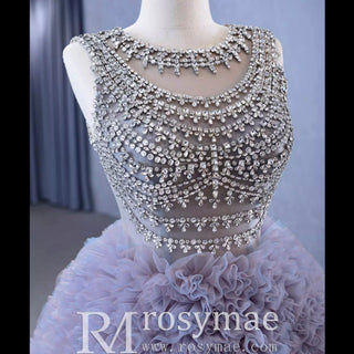 Ruffled Ball Gown High Sheer Neck Wedding Dress with Rhinestone Bodice - Rosymae