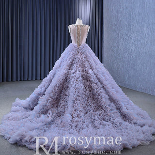 Ruffled Ball Gown High Sheer Neck Wedding Dress with Rhinestone Bodice - Rosymae