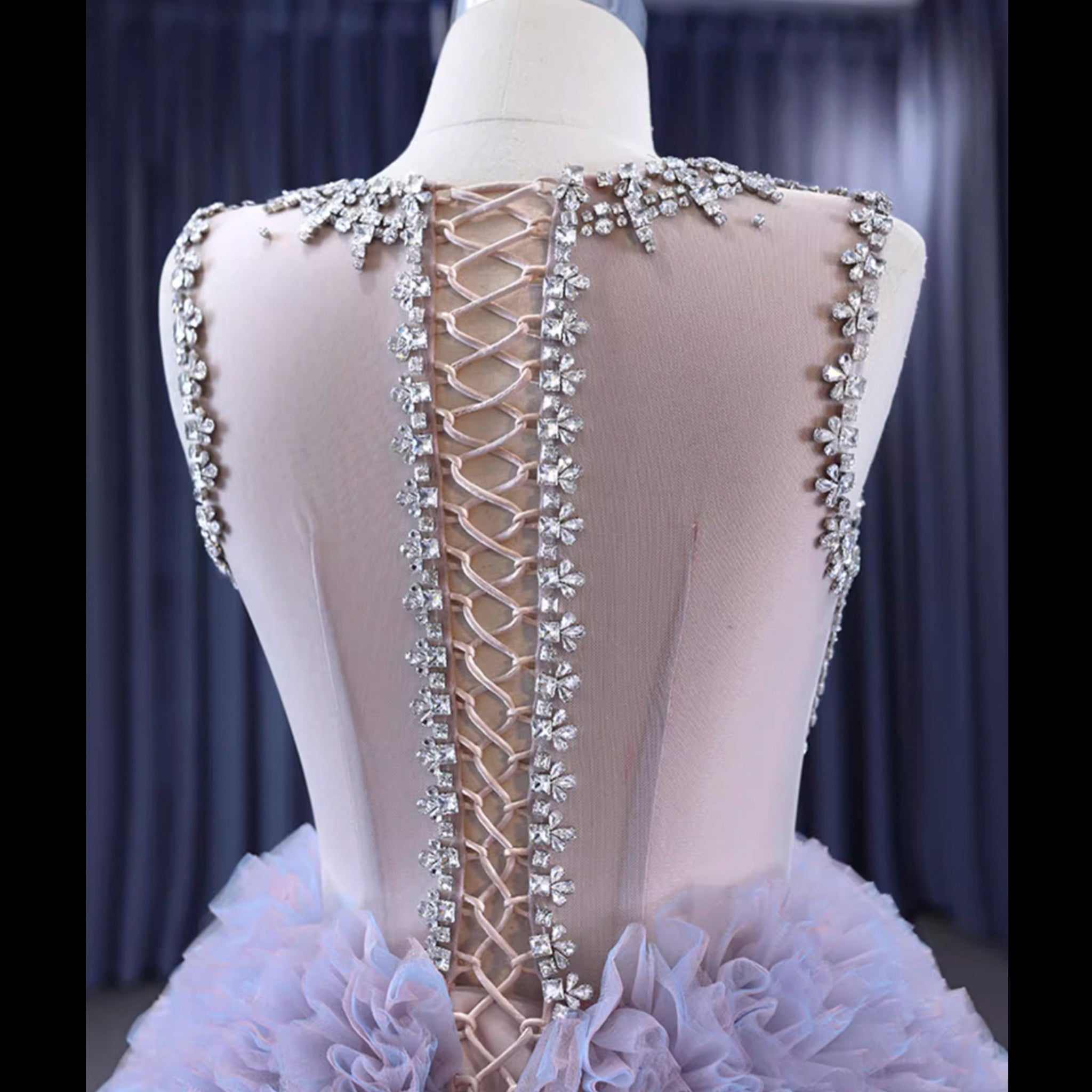 Ruffled Ball Gown High Sheer Neck Wedding Dress with Rhinestone Bodice - Rosymae