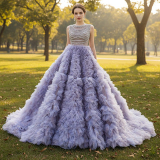 Ruffled Ball Gown High Sheer Neck Wedding Dress with Rhinestone Bodice - Rosymae