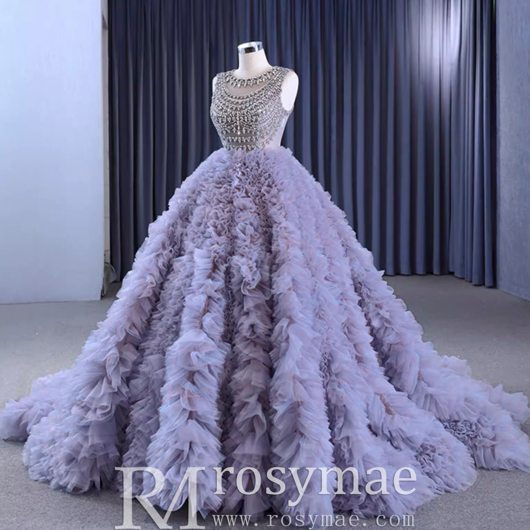 Ruffled Ball Gown High Sheer Neck Wedding Dress with Rhinestone Bodice - Rosymae