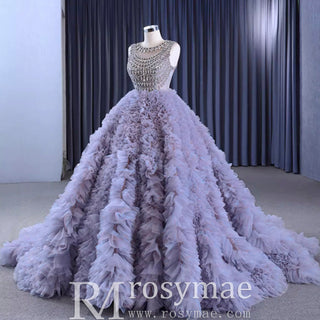 Ruffled Ball Gown High Sheer Neck Wedding Dress with Rhinestone Bodice - Rosymae