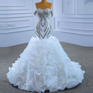 Ruffled Rosette Mermaid Wedding Gown with Detachable Sleeves - Rosymae
