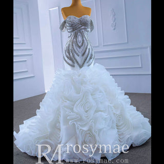Ruffled Rosette Mermaid Wedding Gown with Detachable Sleeves - Rosymae