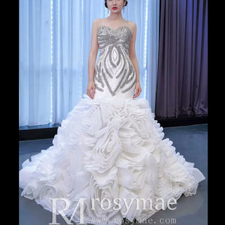 Ruffled Rosette Mermaid Wedding Gown with Detachable Sleeves - Rosymae