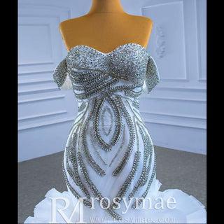 Ruffled Rosette Mermaid Wedding Gown with Detachable Sleeves - Rosymae