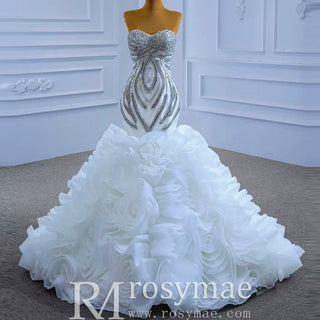 Ruffled Rosette Mermaid Wedding Gown with Detachable Sleeves - Rosymae
