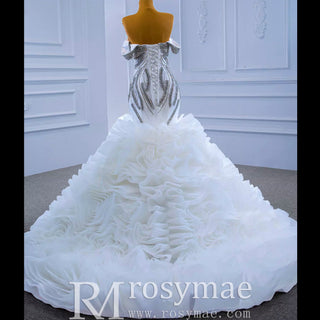 Ruffled Rosette Mermaid Wedding Gown with Detachable Sleeves - Rosymae