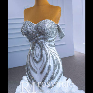 Ruffled Rosette Mermaid Wedding Gown with Detachable Sleeves - Rosymae
