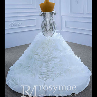 Ruffled Rosette Mermaid Wedding Gown with Detachable Sleeves - Rosymae