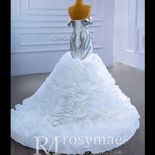 Ruffled Rosette Mermaid Wedding Gown with Detachable Sleeves - Rosymae