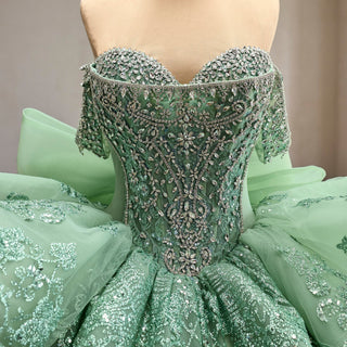 Sage Green Off-the-Shoulder Crystal Beaded Corset Ball Gown Quinceañera Dress with Oversized Bow