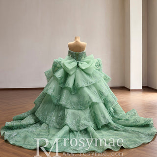 Sage Green Off-the-Shoulder Crystal Beaded Corset Ball Gown Quinceañera Dress with Oversized Bow