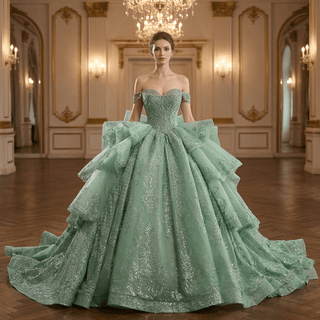 Sage Green Off-the-Shoulder Crystal Beaded Corset Ball Gown Quinceañera Dress with Oversized Bow