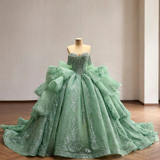 Sage Green Off-the-Shoulder Crystal Beaded Corset Ball Gown Quinceañera Dress with Oversized Bow