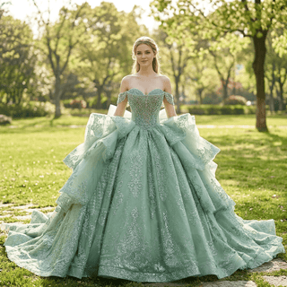 Sage Green Off-the-Shoulder Crystal Beaded Corset Ball Gown Quinceañera Dress with Oversized Bow