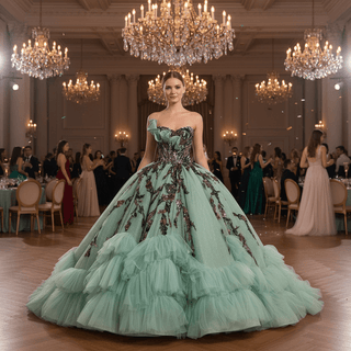 Sage Quinceanera Dress with Dense Gathered Tulle Ruffles & Sequin Floral Trailing Vines - Rosymae