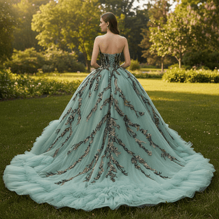 Sage Quinceanera Dress with Dense Gathered Tulle Ruffles & Sequin Floral Trailing Vines - Rosymae
