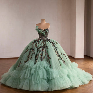 Sage Quinceanera Dress with Dense Gathered Tulle Ruffles & Sequin Floral Trailing Vines - Rosymae