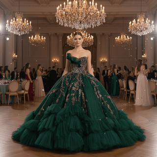 Sage Quinceanera Dress with Dense Gathered Tulle Ruffles & Sequin Floral Trailing Vines - Rosymae