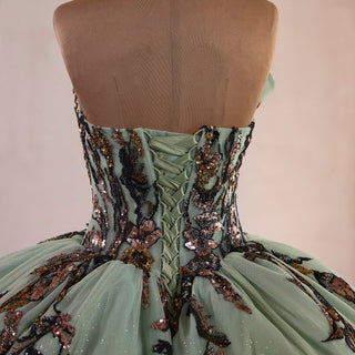 Sage Quinceanera Dress with Dense Gathered Tulle Ruffles & Sequin Floral Trailing Vines - Rosymae
