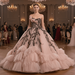 Sage Quinceanera Dress with Dense Gathered Tulle Ruffles & Sequin Floral Trailing Vines - Rosymae