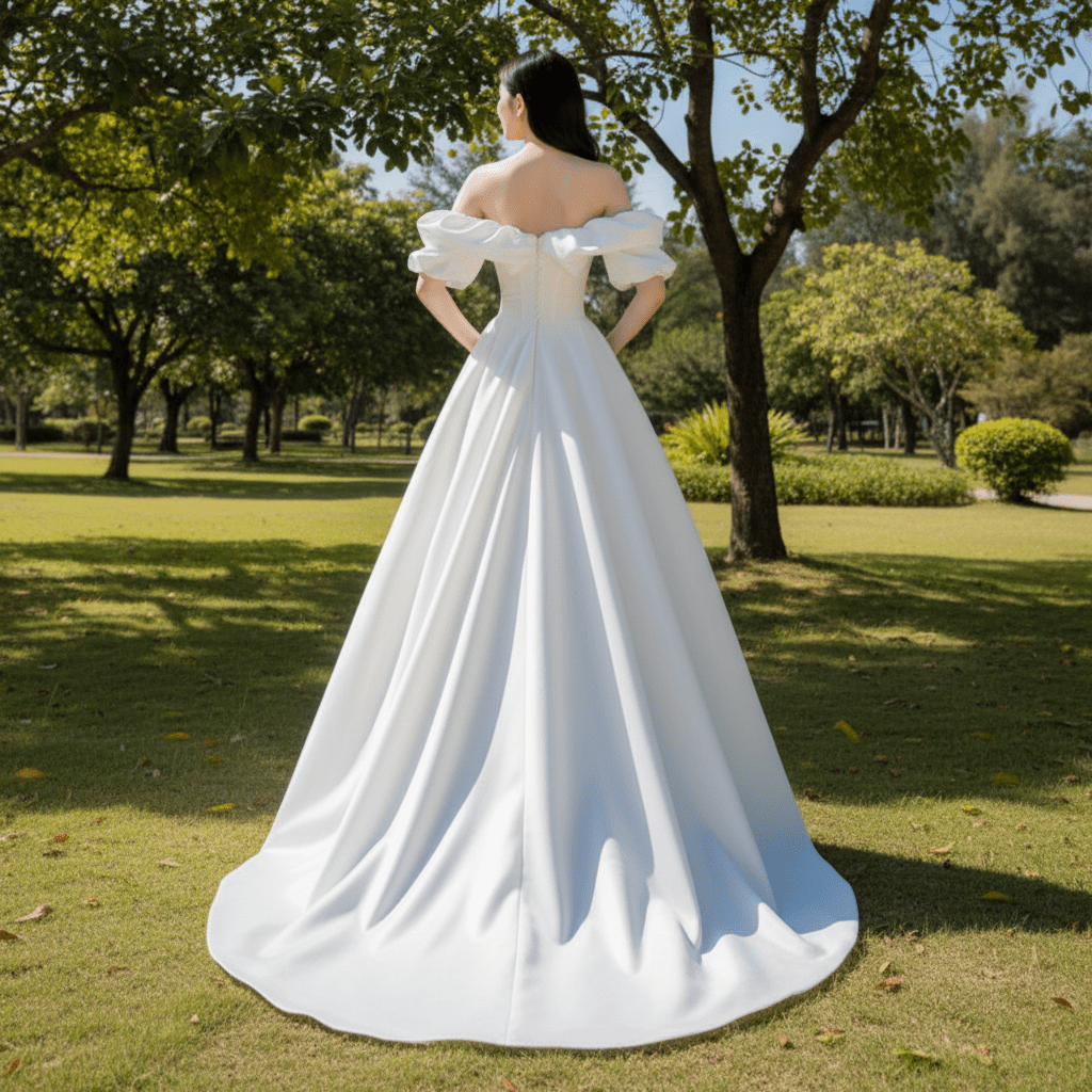 Satin A-line Off the Shoulder Wedding Dress with Asymmetric Neck - Rosymae
