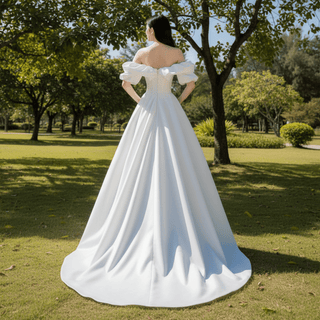 Satin A-line Off the Shoulder Wedding Dress with Asymmetric Neck - Rosymae