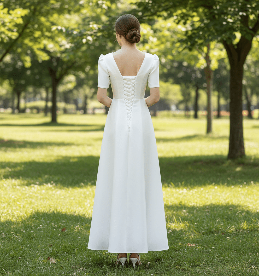 Satin A-Line V-Neck Wedding Dress with Ankle Length - Rosymae