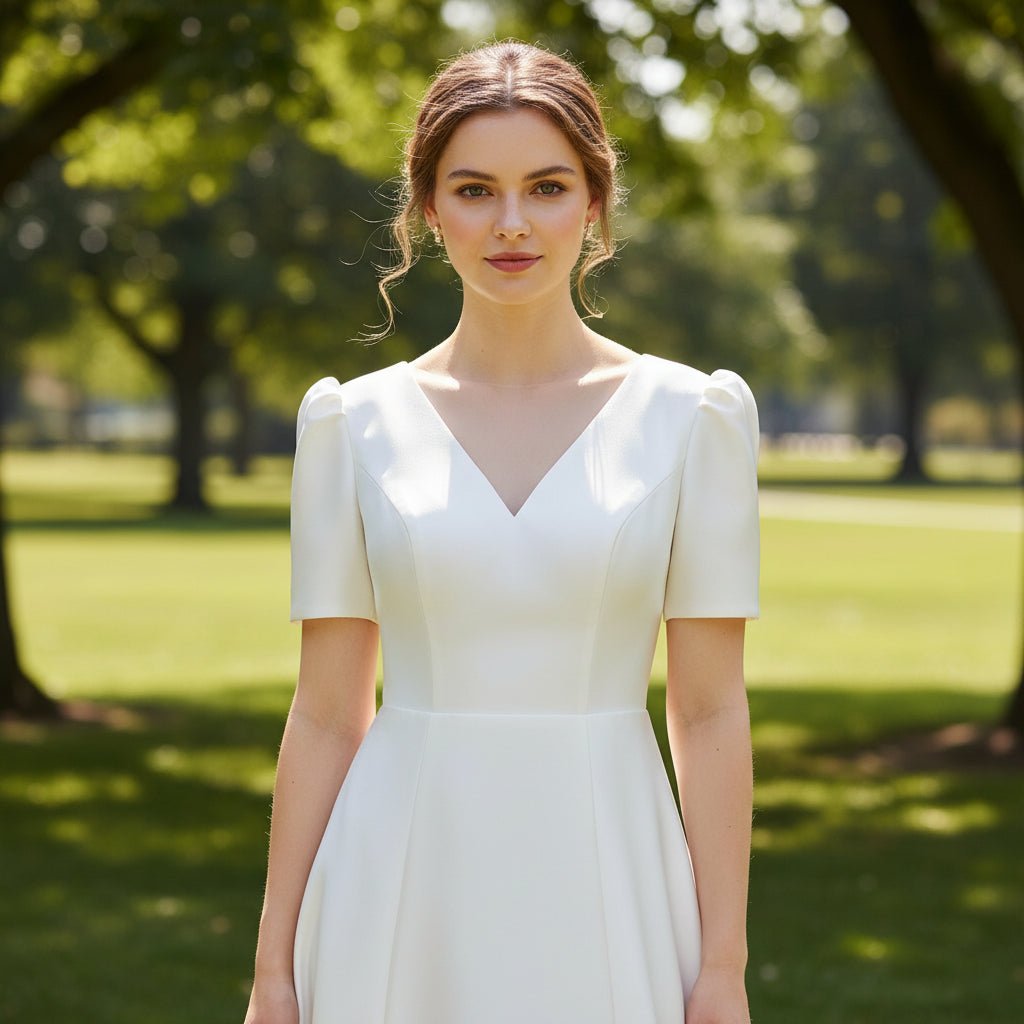 Satin A-Line V-Neck Wedding Dress with Ankle Length - Rosymae