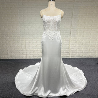 Classic Soft Satin Boat Neck Wedding Dress with Spaghetti Strap