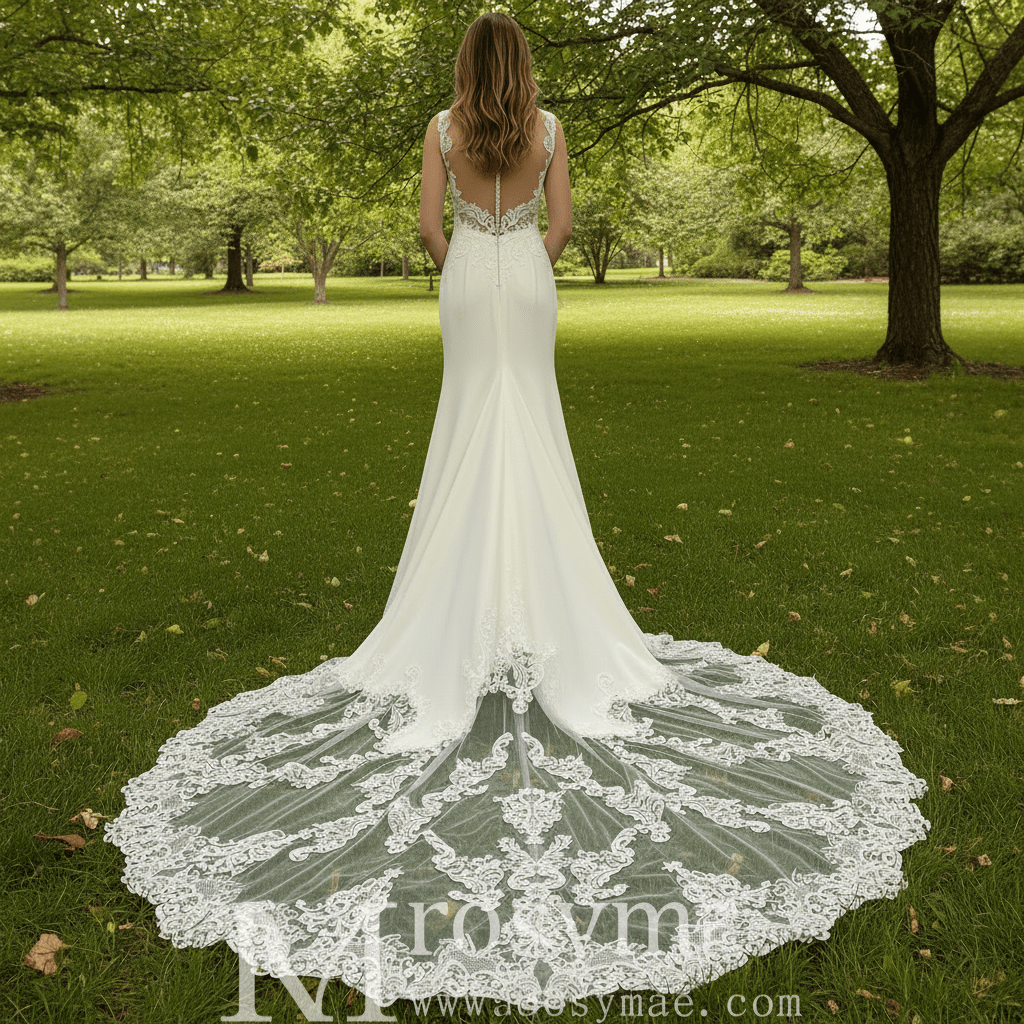 Satin Appliqued Lace Fit and Flare Wedding Dress with Vneck - Rosymae