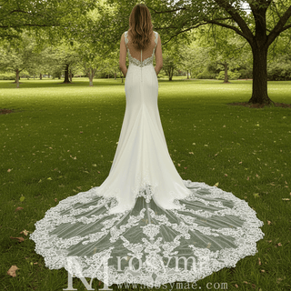 Satin Appliqued Lace Fit and Flare Wedding Dress with Vneck - Rosymae