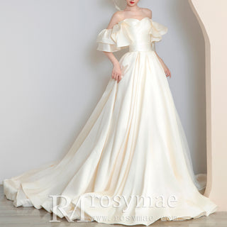 Dramatic A-line Wedding Dress with Off-the-Shoulder Sleeve