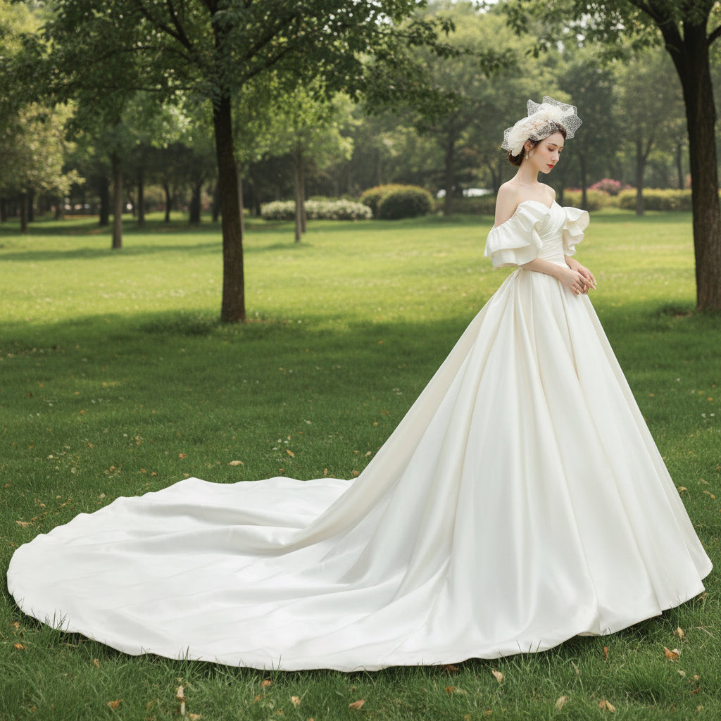 Modern A-Line Bridal Dress with Off-the-Shoulder Sleeves, Open Neckline, and Natural Waistline