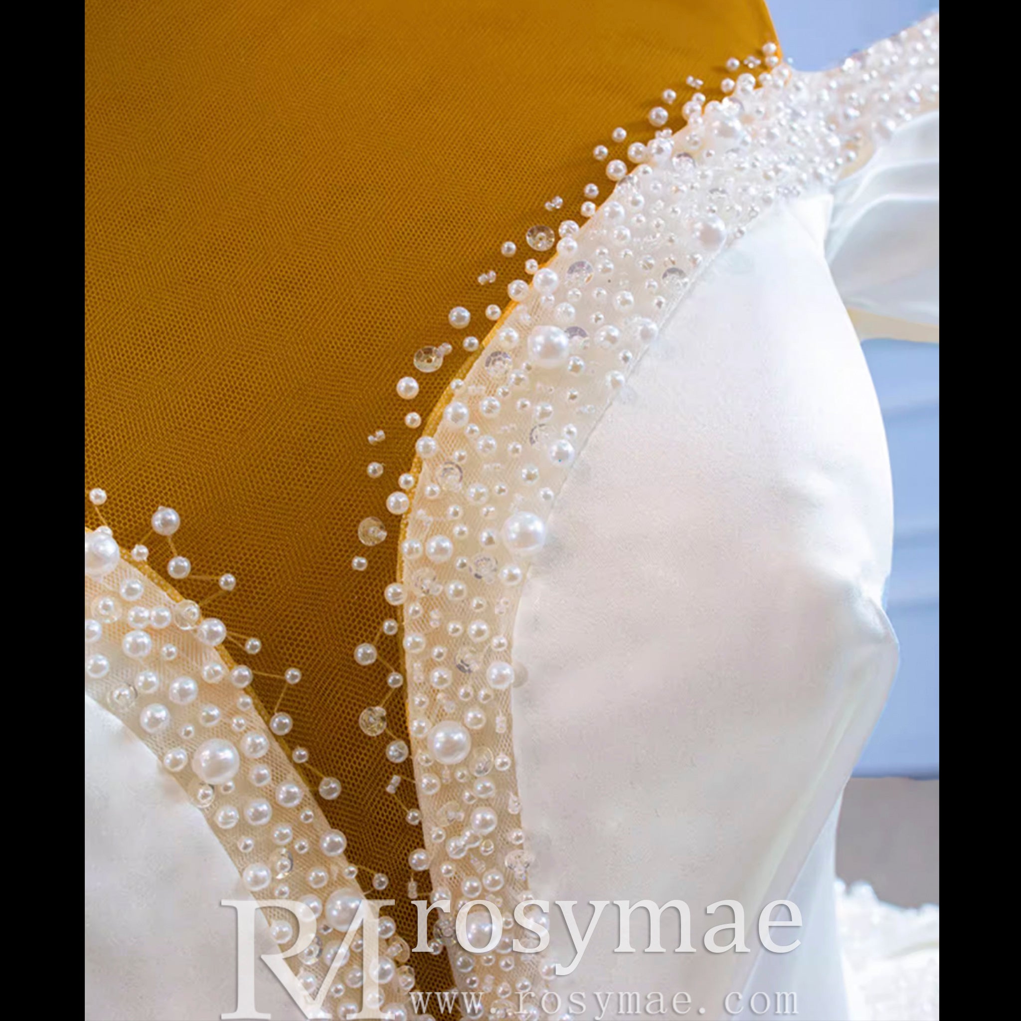 Satin Ball Gown Off the Shoulder Wedding Dress with Pearls - Rosymae