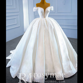 Satin Ball Gown Off the Shoulder Wedding Dress with Pearls - Rosymae