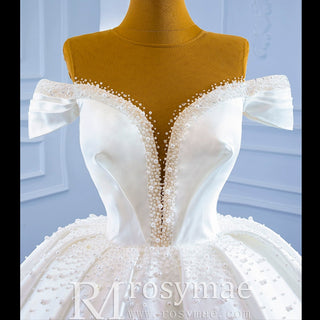 Satin Ball Gown Off the Shoulder Wedding Dress with Pearls - Rosymae
