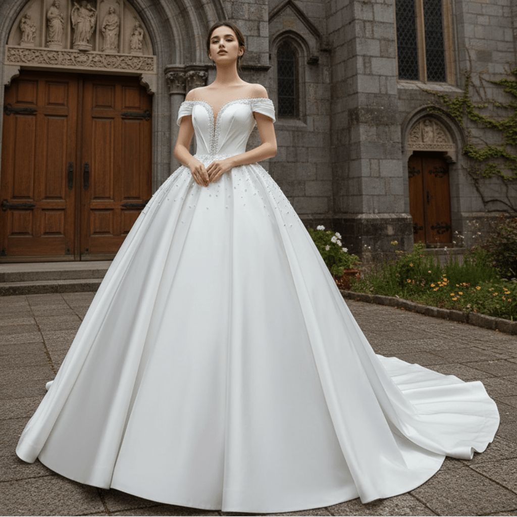 Satin Ball Gown Off the Shoulder Wedding Dress with Pearls - Rosymae