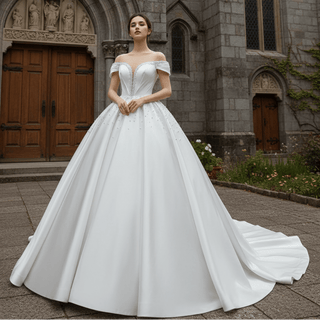 Satin Ball Gown Off the Shoulder Wedding Dress with Pearls - Rosymae