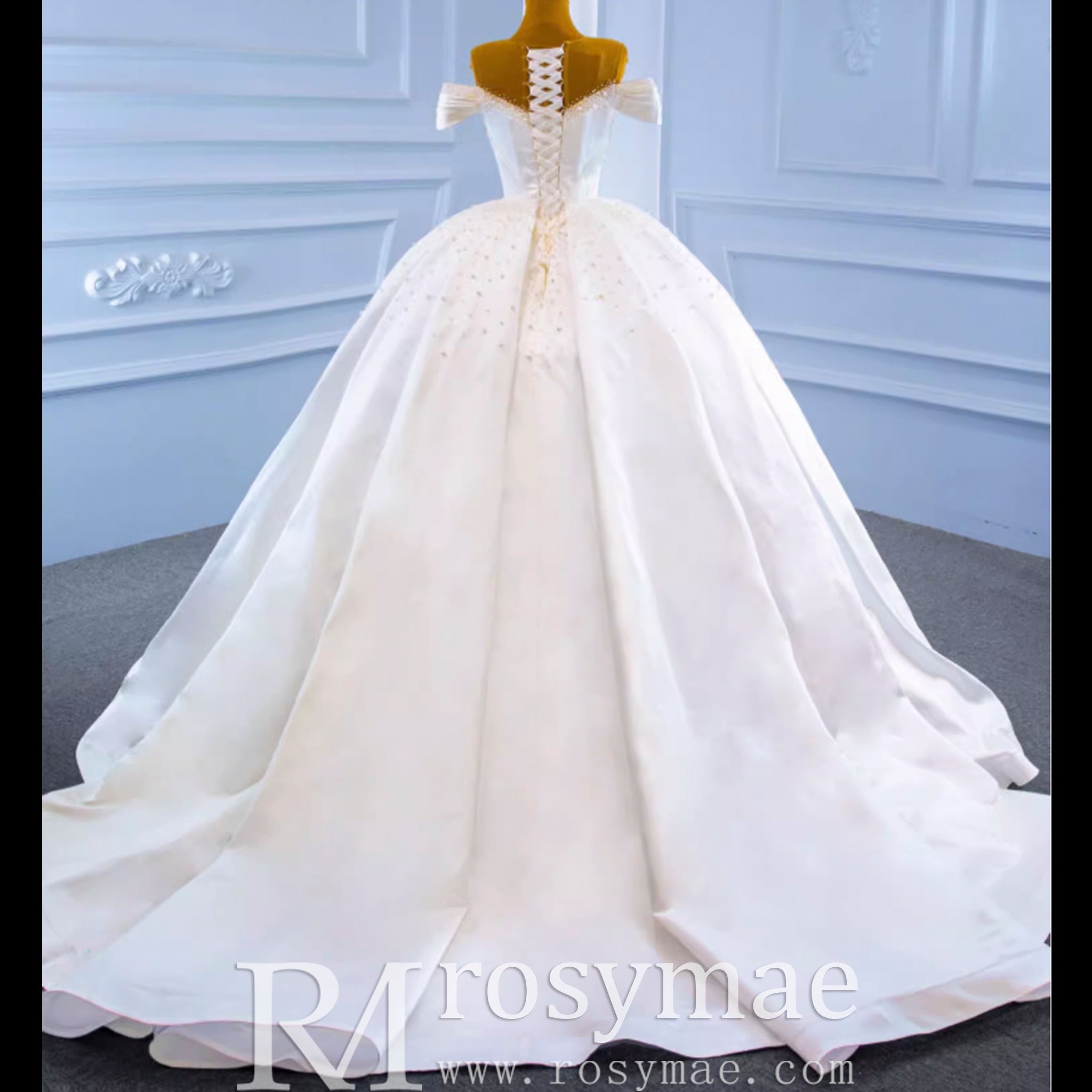 Satin Ball Gown Off the Shoulder Wedding Dress with Pearls - Rosymae
