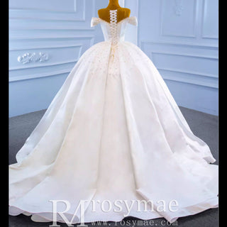 Satin Ball Gown Off the Shoulder Wedding Dress with Pearls - Rosymae